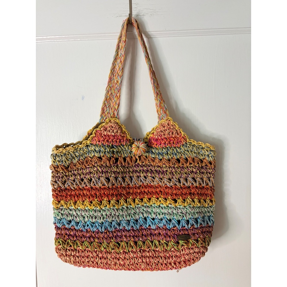 Cappelli Straworld Multi Color Striped Crochet Straw Tote Bag Boho Summer Beach